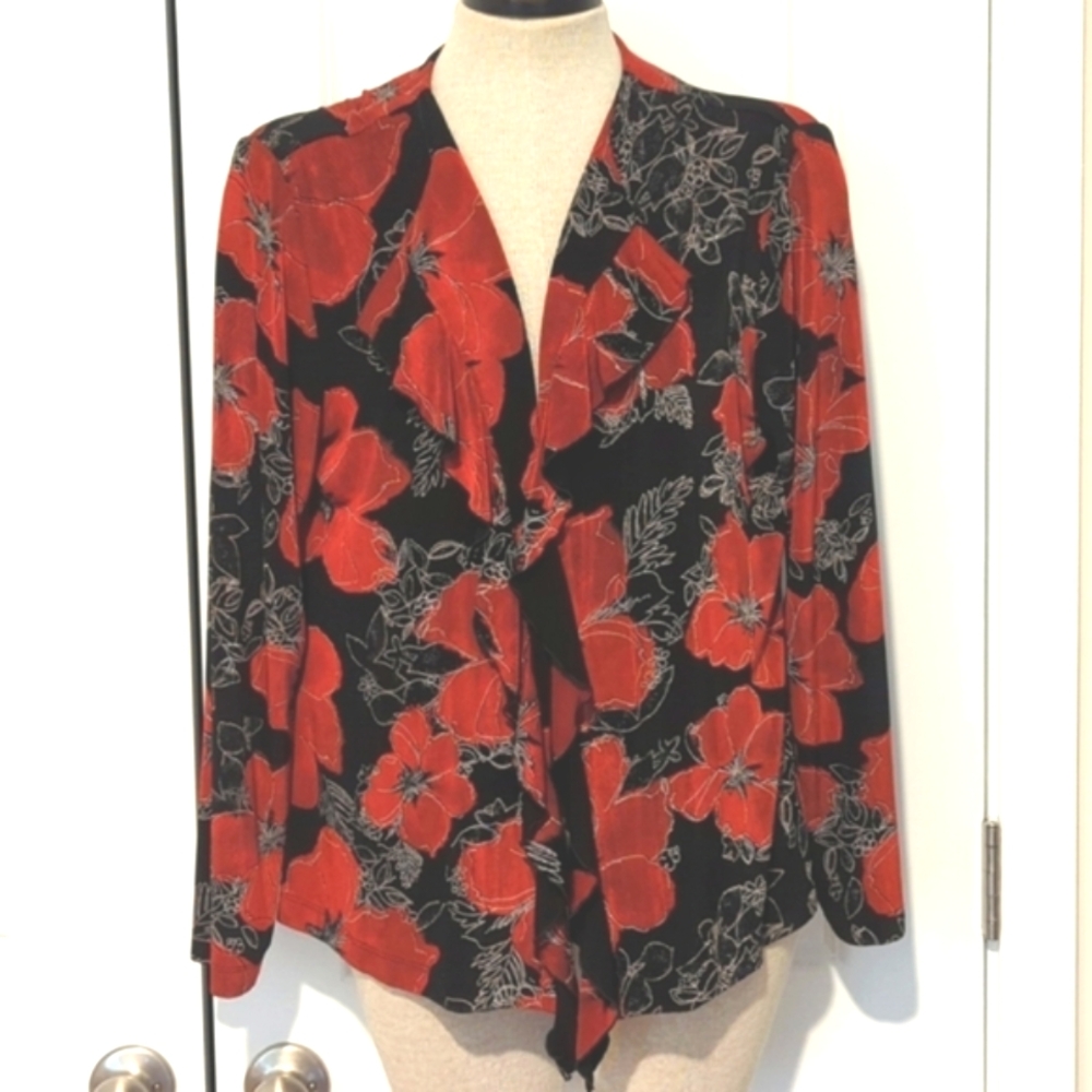 Chicos Travelers Womens Sz 2 (L) Rust Red Black Floral Open Cardigan Ruf…